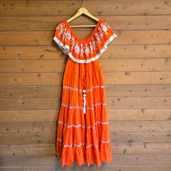 Miss June Esmerelda Dress Embroidered Floral Festival Boho Maxi Off Shoulder OS - Picture 2 of 8